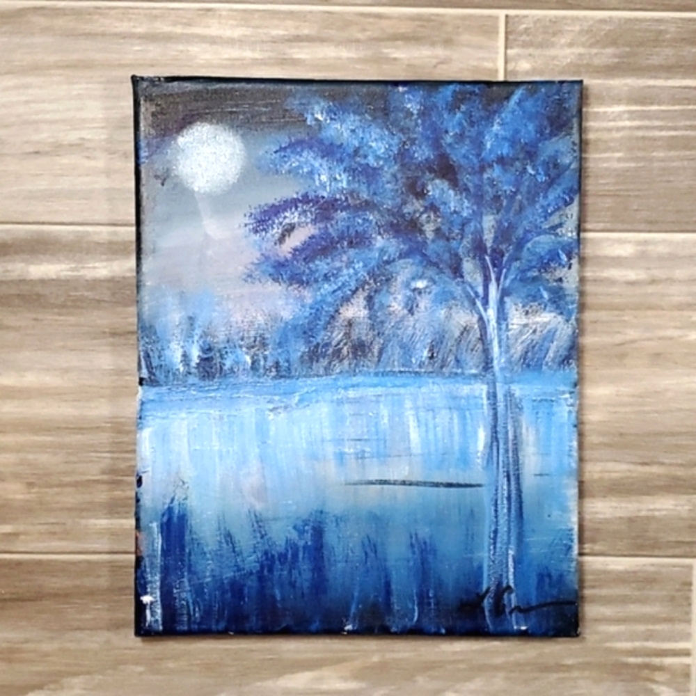 Hand Painted Wrapped Canvas - Blue Hue Nature Scene 8" x 10"